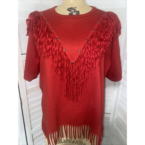 Handmade Tops - Vintage 80s 90s Red Southwestern Rodeo Boho Fringe Studded Shirt Large Handmade